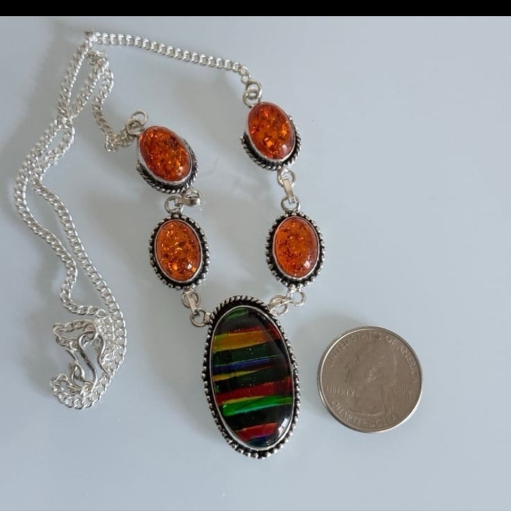 925 Silver Amber And Rainbow Calcite Necklace - Picture 3 of 7